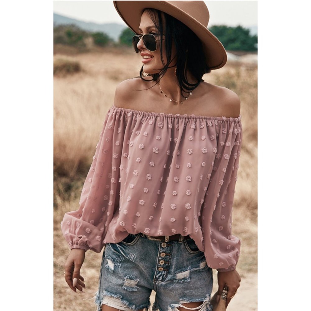 Boho Off Shoulder Loose Bubble Sleeve Top Pink - Picture 4 of 10